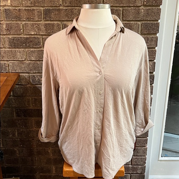 Magaschoni Light Taupe Viscose Nylon Blend Button Down Shirt Large 3/4 Sleeves - Picture 1 of 7